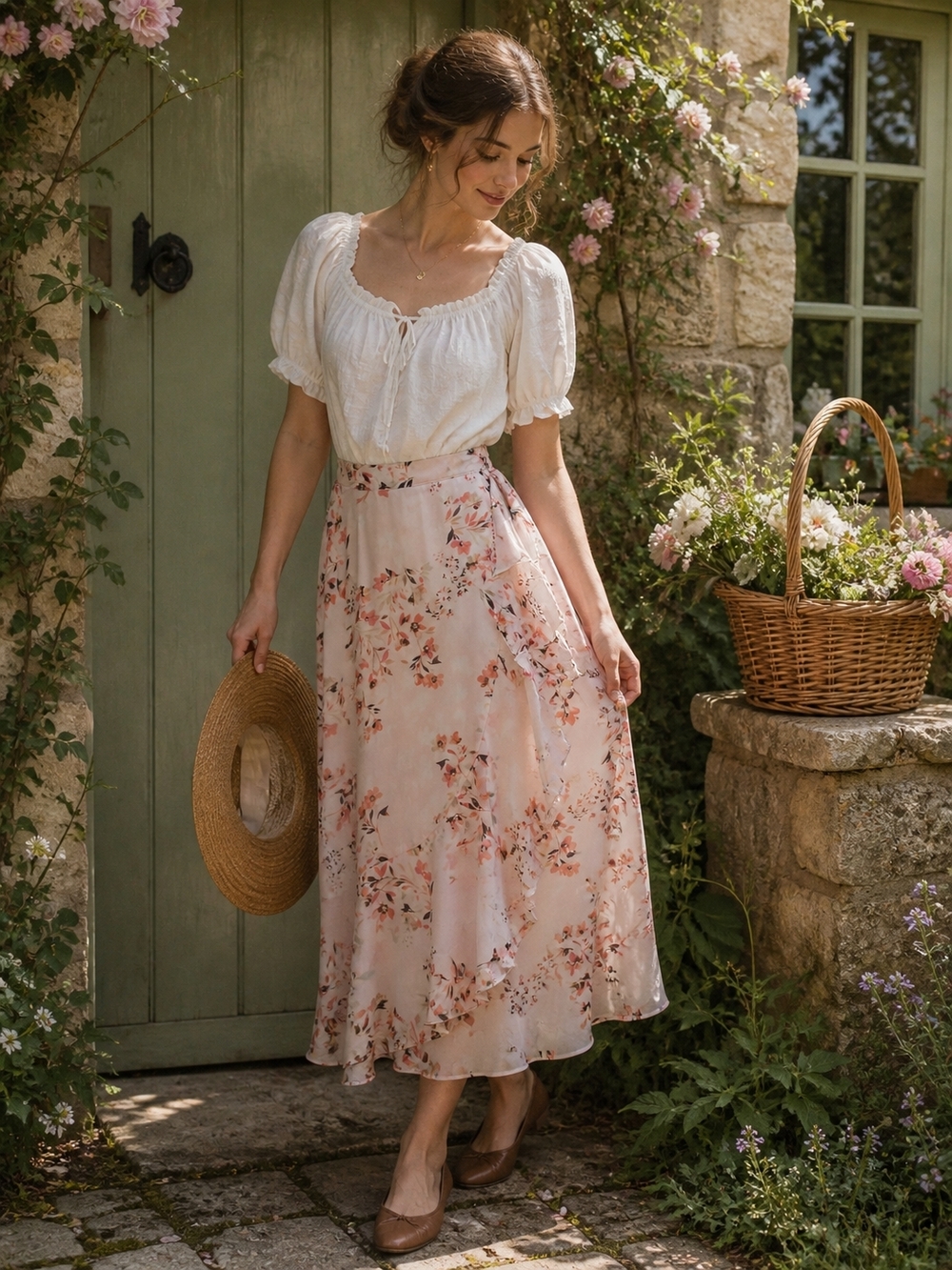 Calvin Klein Blush Pink Floral Midi Skirt Cottagecore Prairie 90s